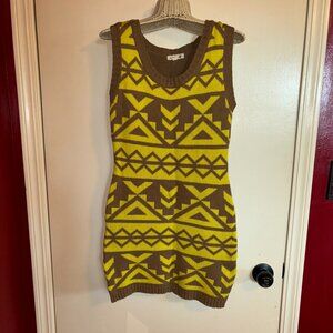 MINE Aztec Neon Yellow & Brown Sleeveless Sweater Dress